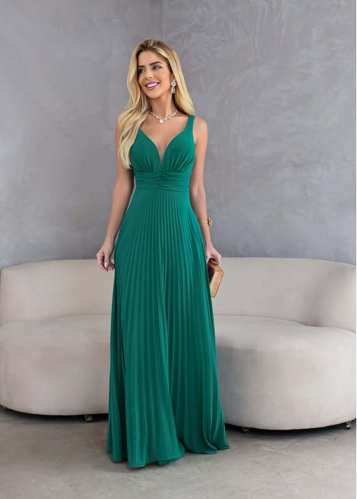 Vestido Longo Decote Tule Plissado