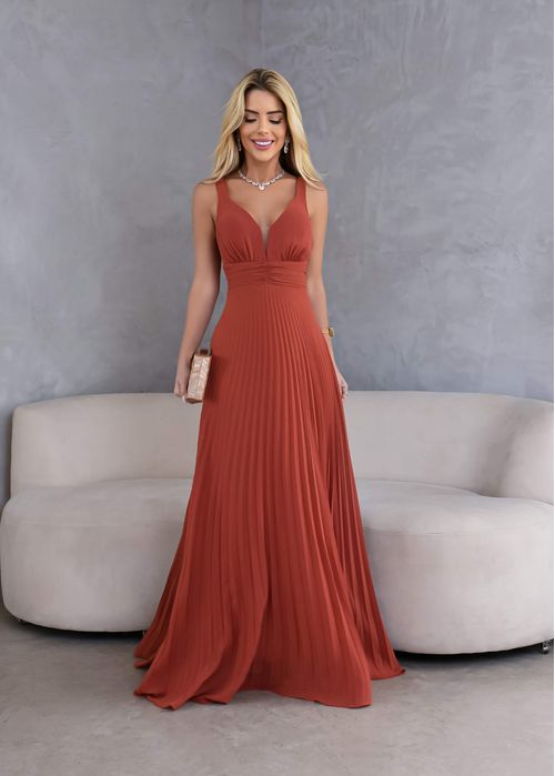 Vestido Longo Decote Tule Plissado