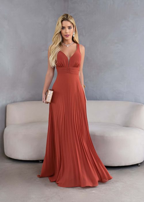 Vestido Longo Decote Tule Plissado