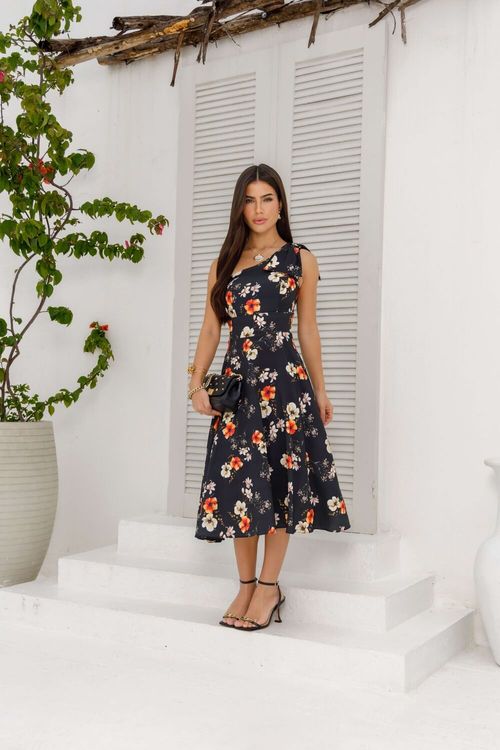 Vestido Midi Nula Manga Laço Floral Black