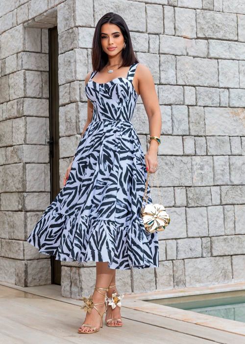 Vestido Midi C/ Babado Decote Taça Animal Print