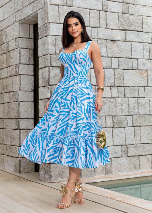 Vestido Midi C/ Babado Decote Taça Animal Print
