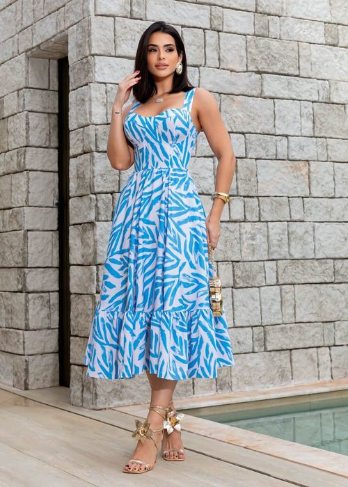 Vestido Midi C/ Babado Decote Taça Animal Print