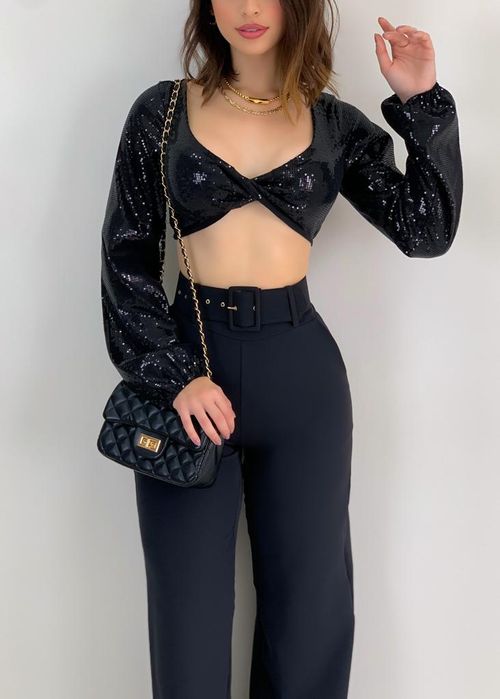 Cropped Top Paetê Manga Longa Torcido
