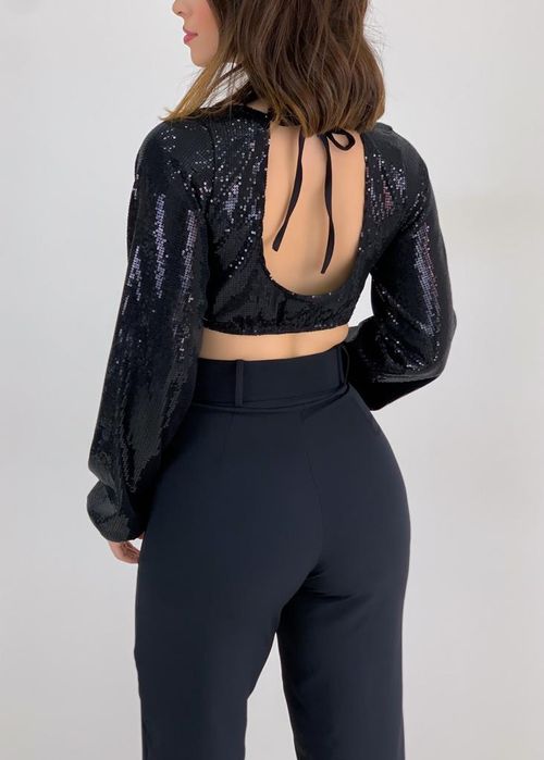 Cropped Top Paetê Manga Longa Torcido