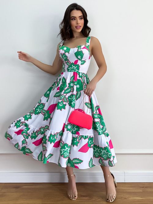 Vestido Midi c/ Babado Decote Taça Floral Geométri