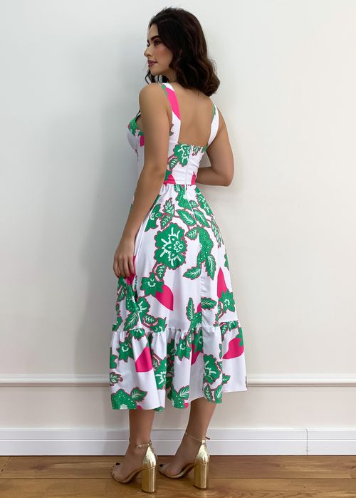 Vestido Midi c/ Babado Decote Taça Floral Geométri