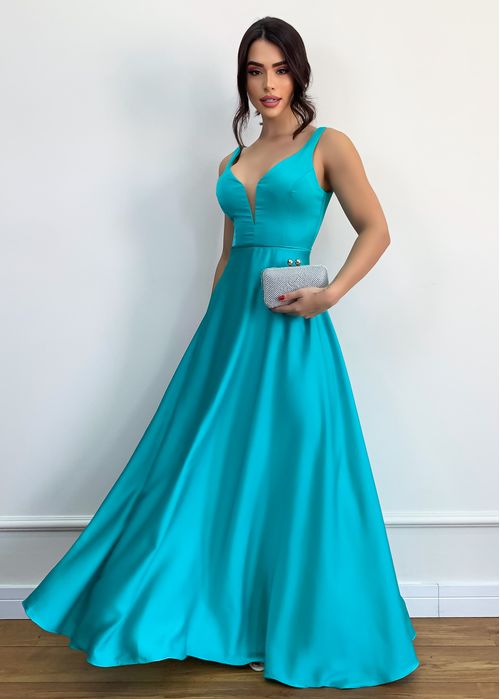 Vestido Longo Godê Acetinado Decote Profundo