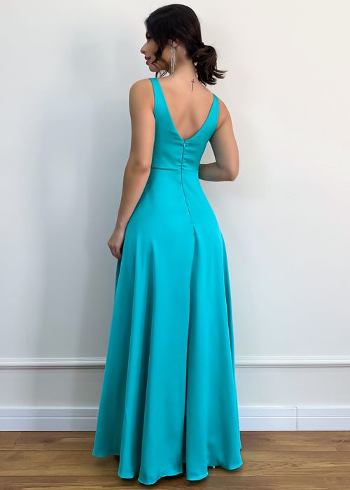Vestido Longo Godê Acetinado Decote Profundo