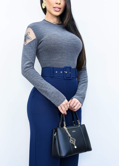 Blusa Manga Longa Ombro Recorte Tule