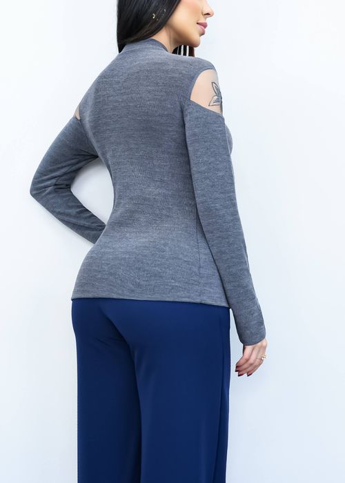 Blusa Manga Longa Ombro Recorte Tule