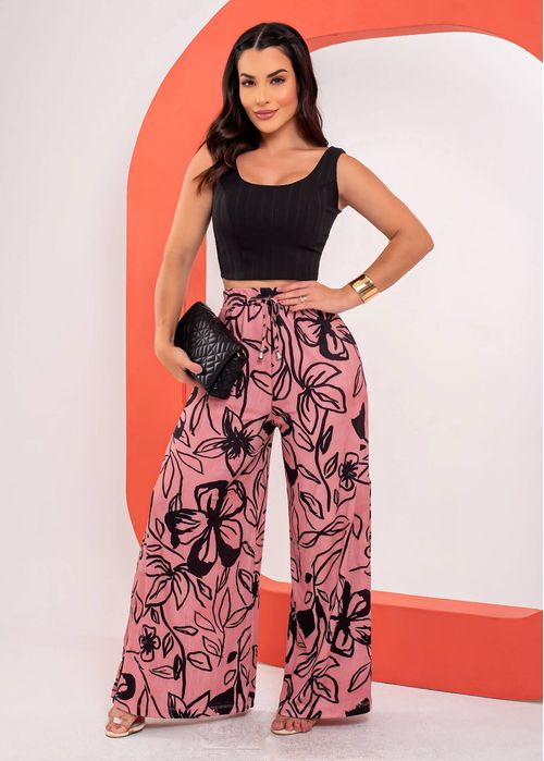 Conjunto Cropped Regata/ Wide Leg Fenda Floral Scribble