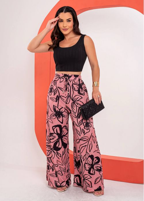 Conjunto Cropped Regata/ Wide Leg Fenda Floral Scribble