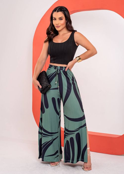 Conjunto Cropped Regata/ Wide Leg Fenda Arabesco