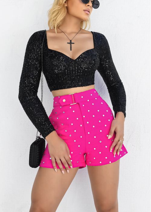 Cropped Paetê Taça Manga Longa