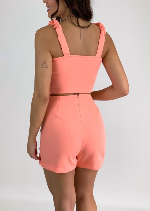 Conjunto Cropped Alça Elástico/ Shorts Saia Alfaiataria