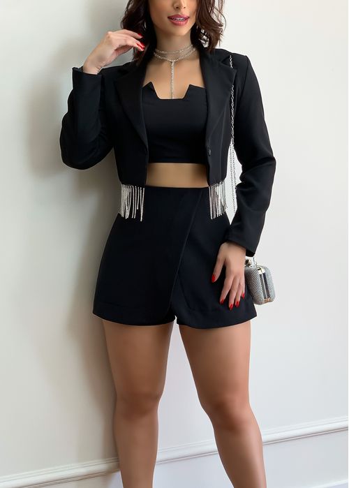 Blazer Curto Franja Strass