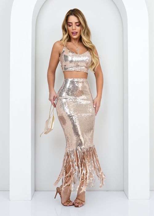 Saia Midi Fringe Paetês
