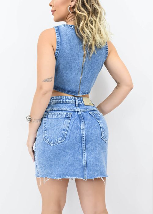 Saia Jeans Fringe Strass Cristal