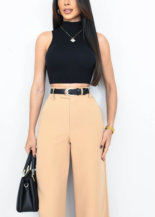 Blusa Regata Gola Alta Canelada Básica