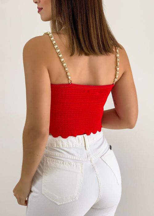 Cropped Alça Corrente Pérola Tricot Texturizado
