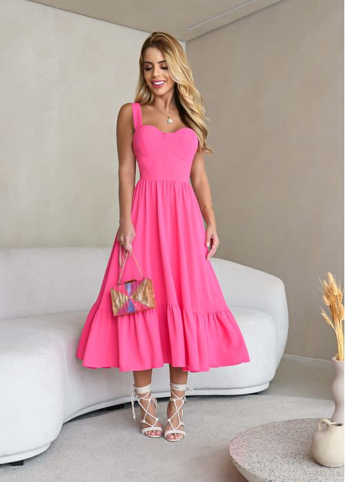 Vestido Midi c/ Babado Decote Taça Liso