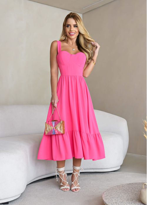 Vestido Midi c/ Babado Decote Taça Liso