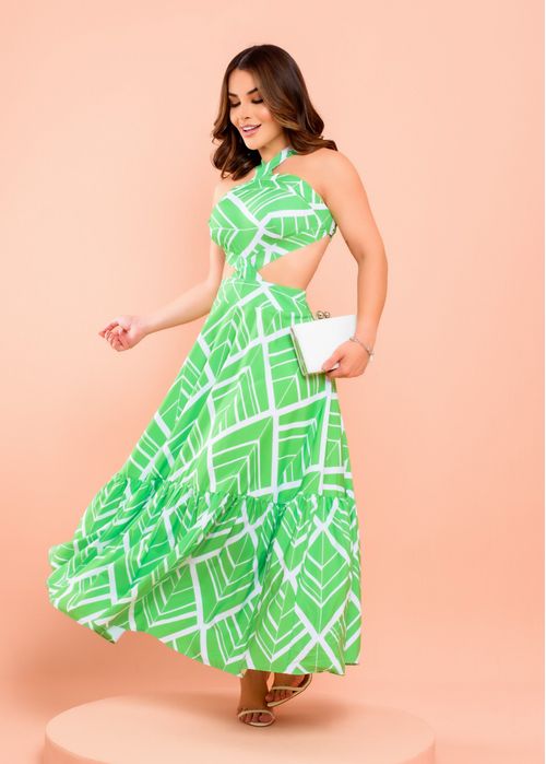 Vestido Midi Frente Única c/ Babado Folhas Geométricas