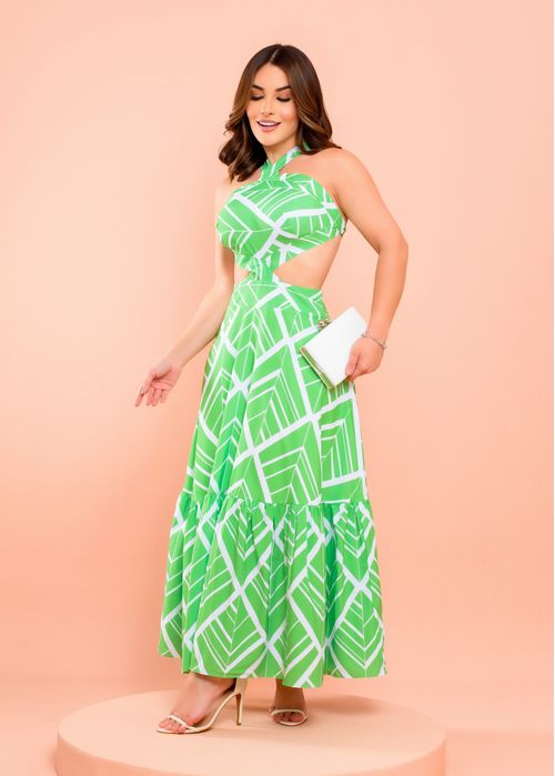 Vestido Midi Frente Única c/ Babado Folhas Geométricas