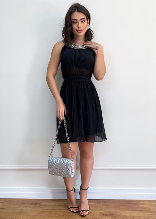 Vestido Midi Plissado Gola Aplicações