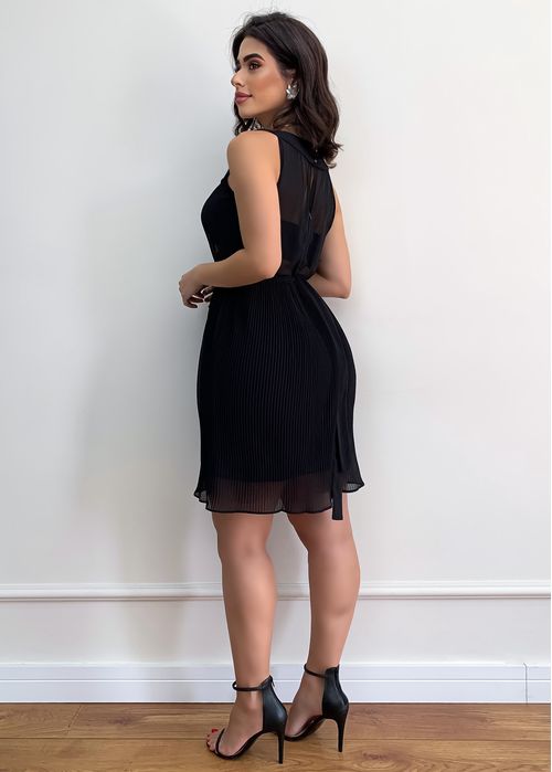 Vestido Midi Plissado Gola Aplicações