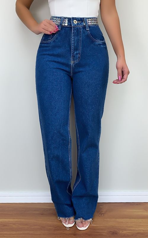 Calça Jeans Wide Leg Cós Aplicações