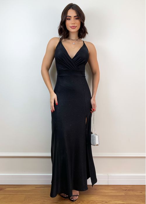 Vestido De Festa Longo Alça Fina Glitter c/ Fenda e Bojo