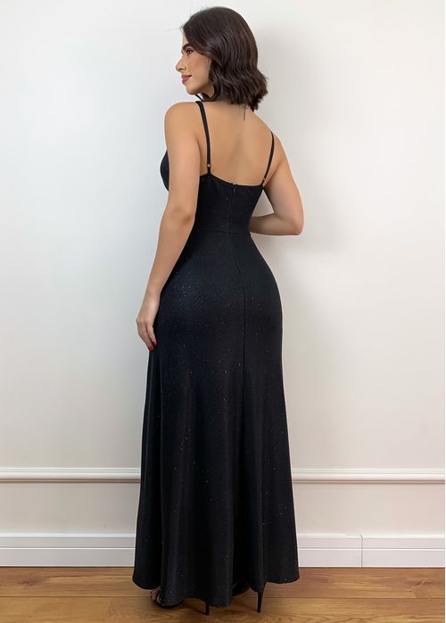 Vestido De Festa Longo Alça Fina Glitter c/ Fenda e Bojo
