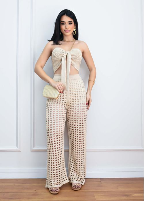 Conjunto Top Faixa c/ Calça Tricot Vazada