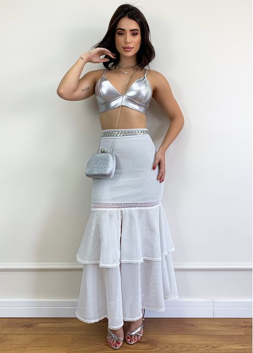 Saia Longa Tela Lurex Camadas c/ Fenda