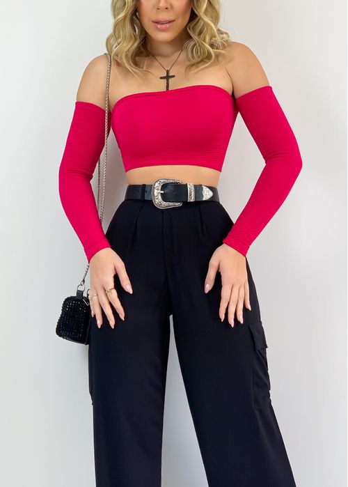 Cropped Texture Canelado Ombro a Ombro Manga Longa
