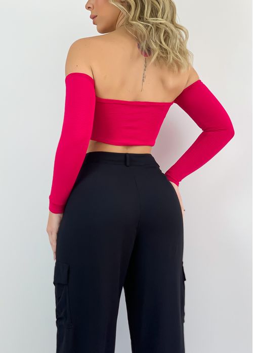 Cropped Texture Canelado Ombro a Ombro Manga Longa
