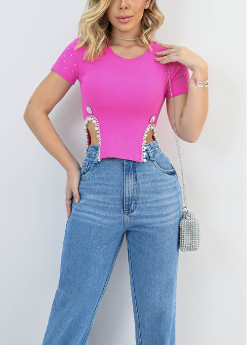 T-Shirt Aplicação Pérolas Strass