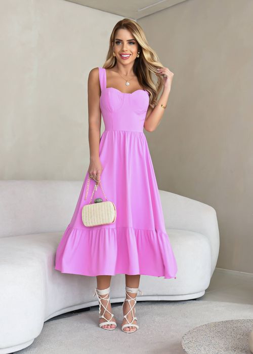 Vestido Midi c/ Babado Decote Taça Liso