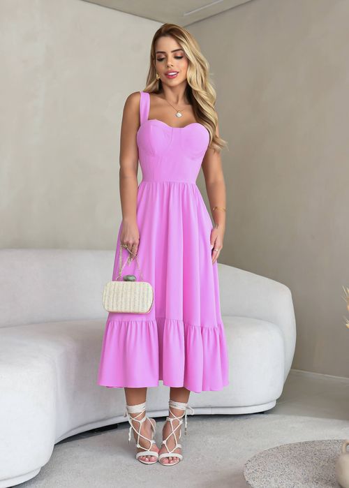 Vestido Midi c/ Babado Decote Taça Liso