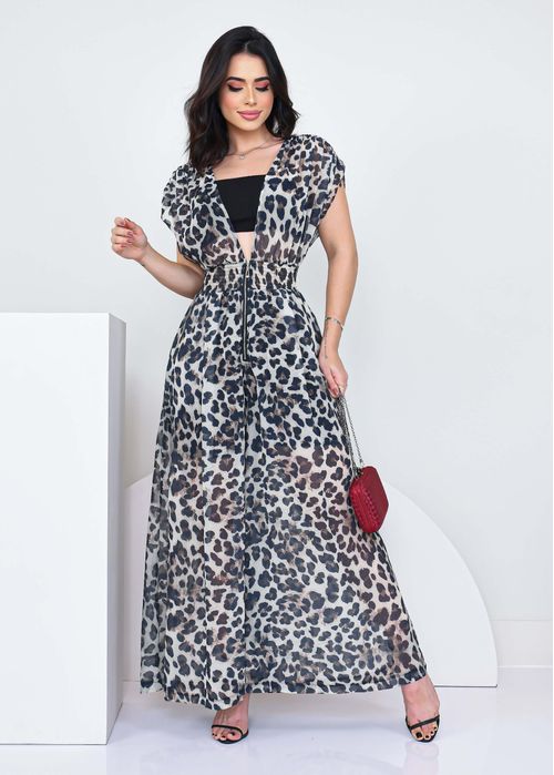 Macacão Longo Bat Decote V Animal Print