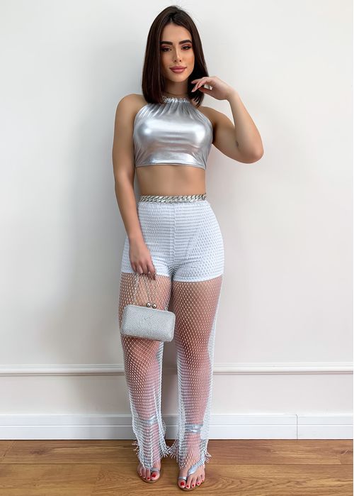 Calça Tela Aplicações Strass