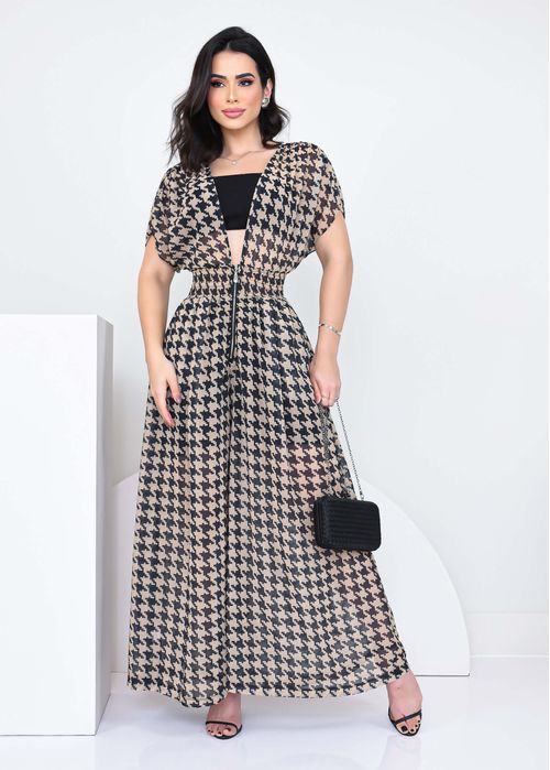 Macacão Longo Bat Decote V Pied de Coq