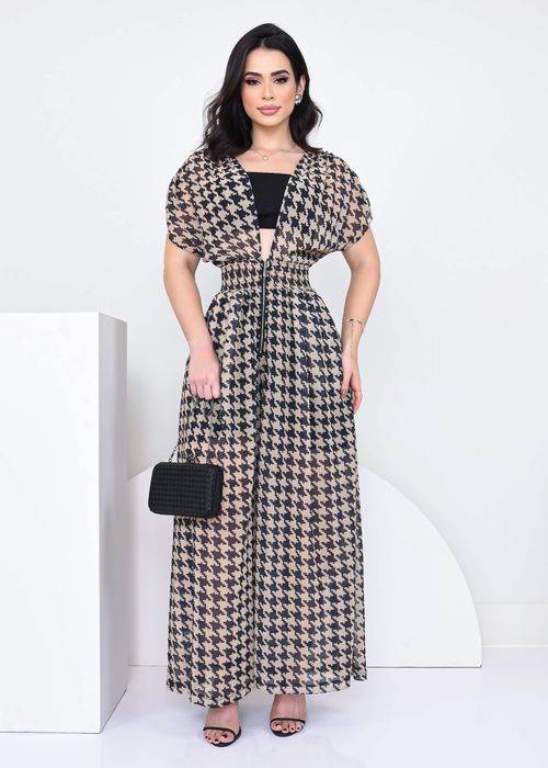 Macacão Longo Bat Decote V Pied de Coq