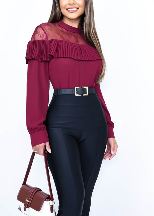 Blusa Manga longa Decote Plissado