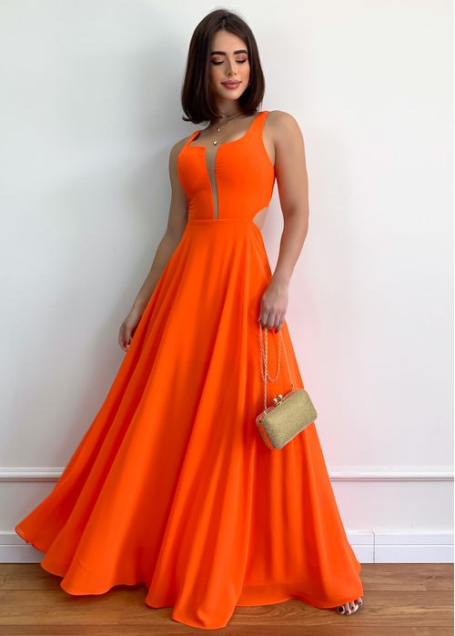 Vestido Longo Decote Tule Costas Trançada