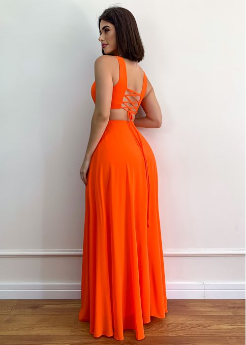 Vestido Longo Decote Tule Costas Trançada