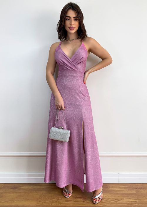 Vestido De Festa Longo Alça Fina Glitter c/ Fenda e Bojo