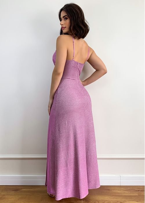 Vestido De Festa Longo Alça Fina Glitter c/ Fenda e Bojo